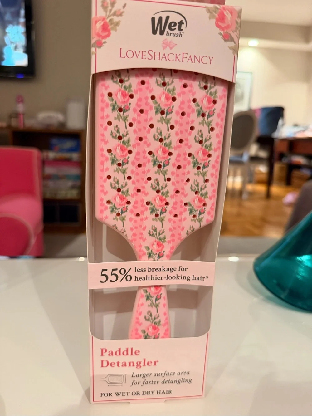 LoveShackFancy Pink Floral Paddle Detangler Brush